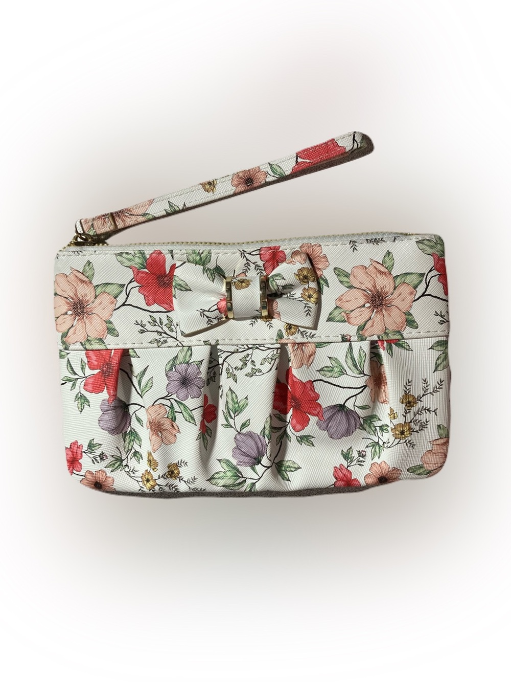 Floral Wristlet/Clutch White w/ Pink & Purple Flowers Pleats & Bow Top Zip